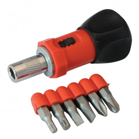 Stubby Ratchet Screwdriver & 6 Bit Set, 80mm