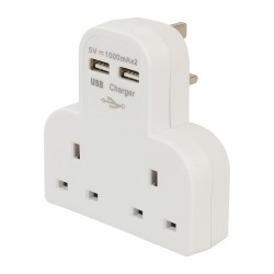 --- Dual Socket T Adaptor with Twin USB, 1000mA x 2