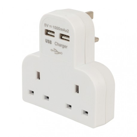 Dual Socket T Adaptor with Twin USB, 1000mA x 2